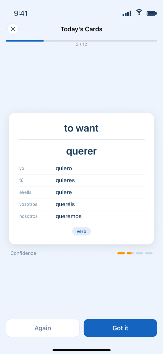 A verb card: 'to want' revealed as 'querer' with its pronoun-by-pronoun conjugation table