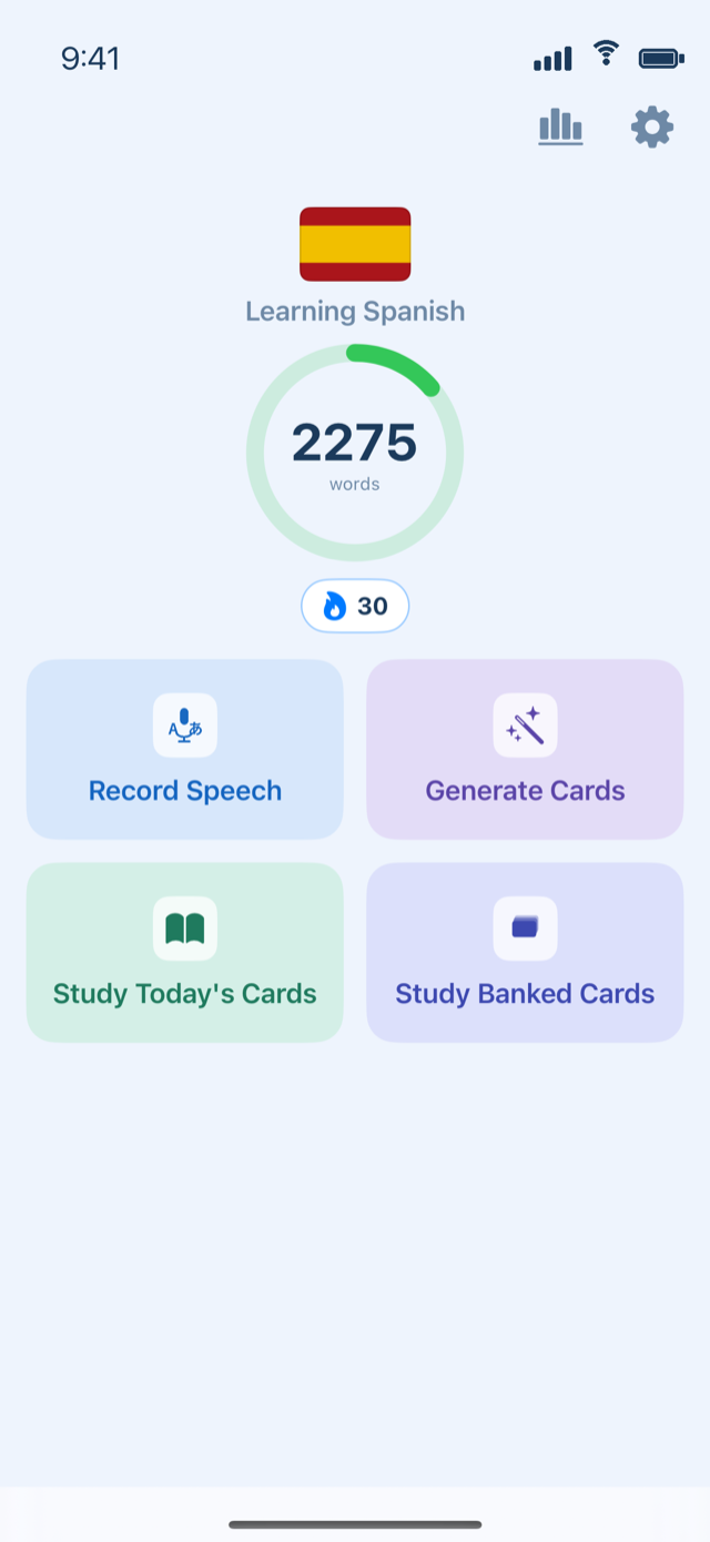 Translatable home dashboard showing a 2,275-word progress ring, a 30-day streak, and the four main actions