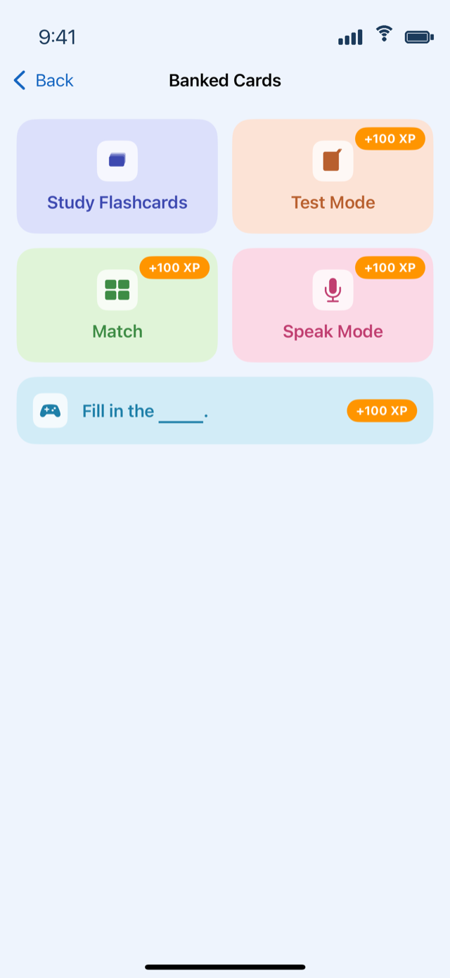 The Banked Cards hub: Study Flashcards, Test Mode, Match, Speak Mode, and Fill-in-the-blank, each with an XP bonus