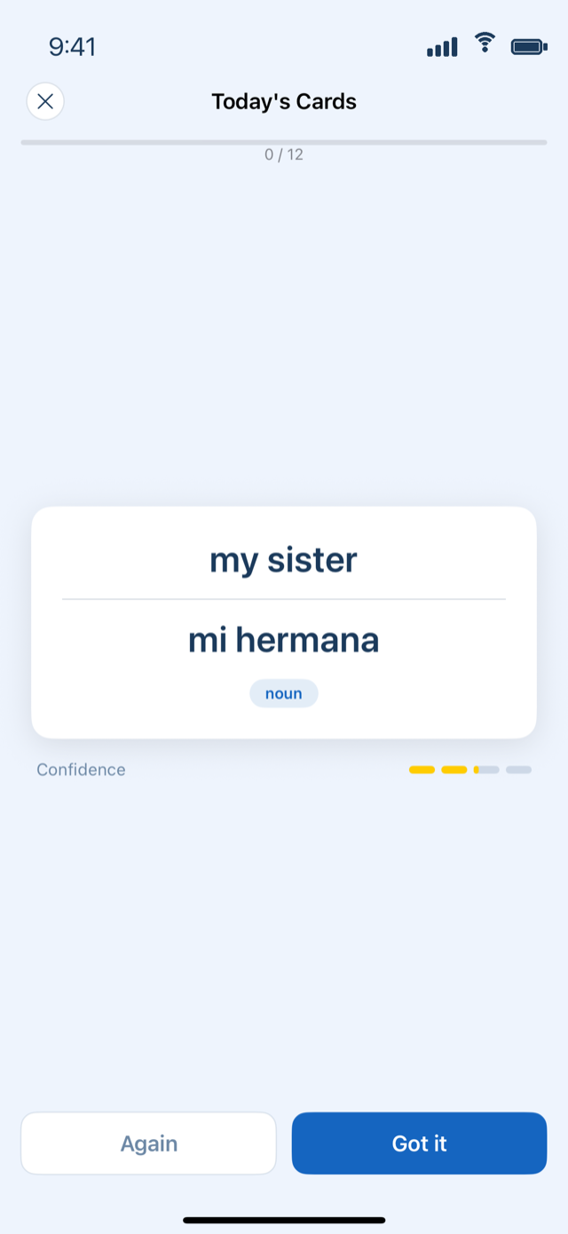 A study flashcard: 'my sister' revealed as 'mi hermana', with a noun chip, confidence pips, and Again / Got it buttons